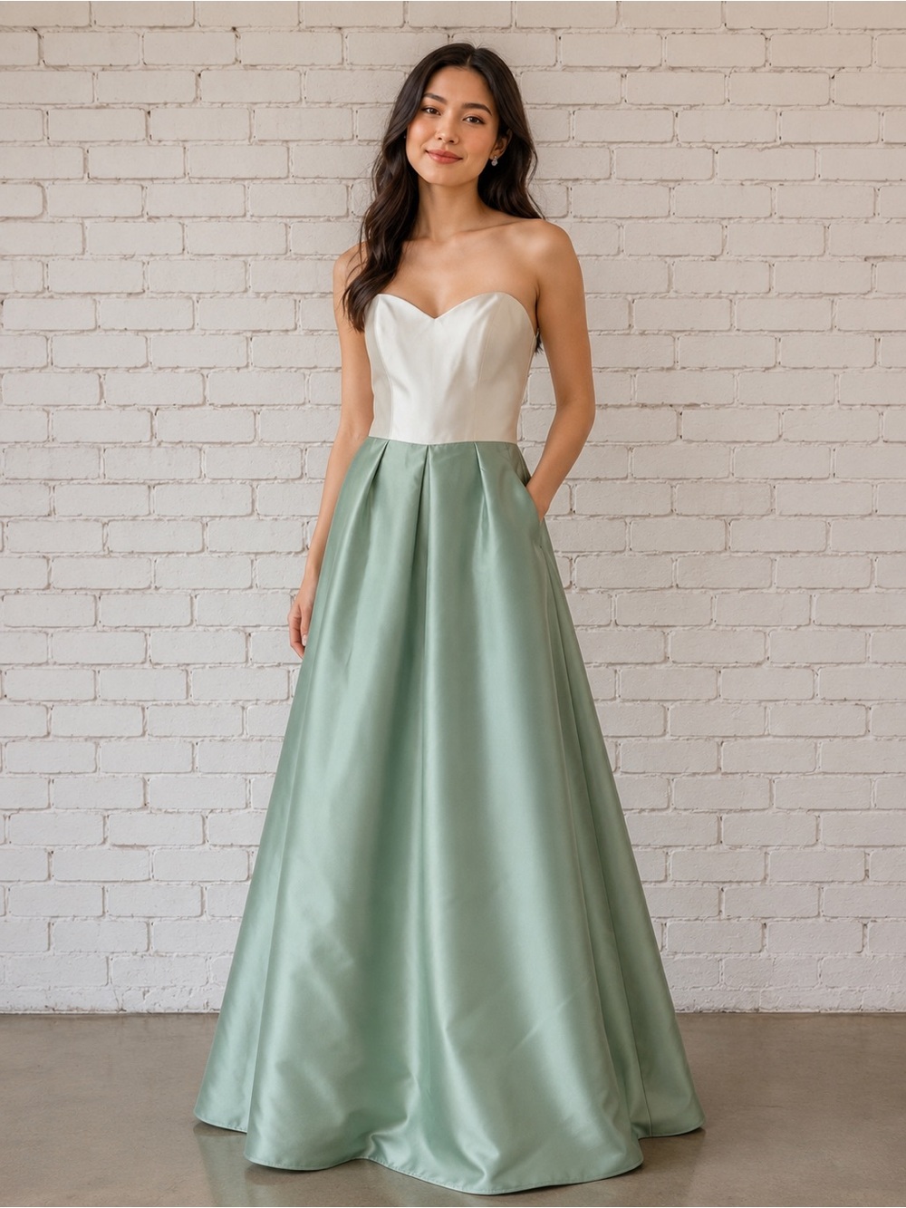 Alfred Sung Celadon/Cream Strapless Floor Length Gown Like New  Size 0